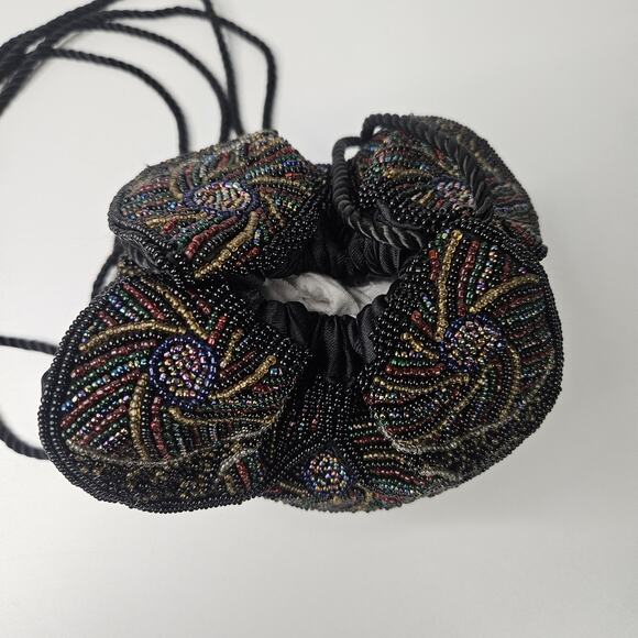 Vintage Black Beaded Floral Cinched Bag Flapper Evening Purse - Picture 4 of 10